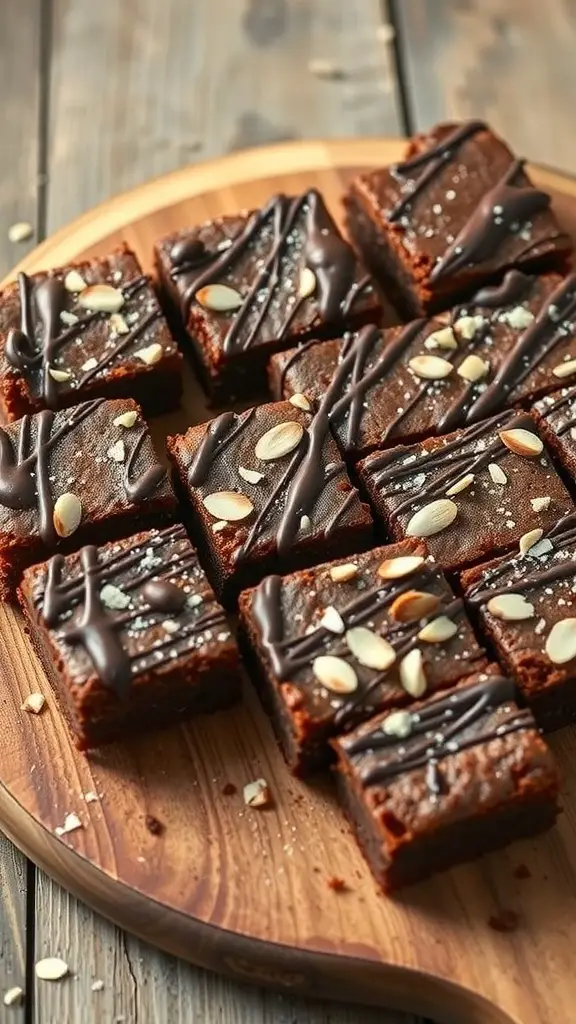 A platter of almond flour brownies topped with chocolate drizzle and sliced almonds.