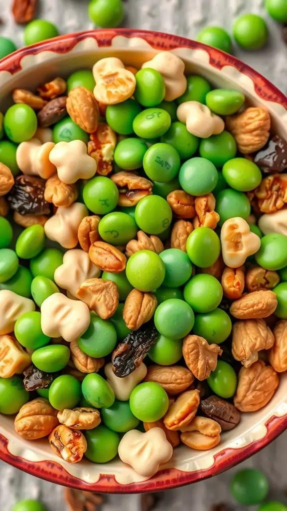 A colorful bowl of Lucky Leprechaun Trail Mix with green candies, nuts, and clover-shaped snacks.