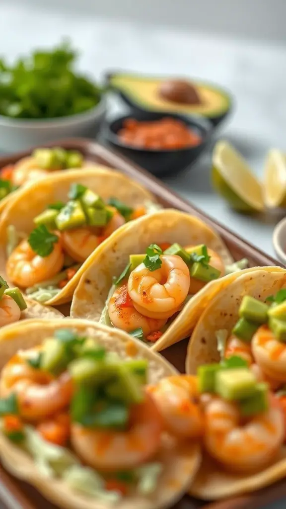 Spicy shrimp tacos with avocado salsa on a platter, garnished with lime and cilantro.
