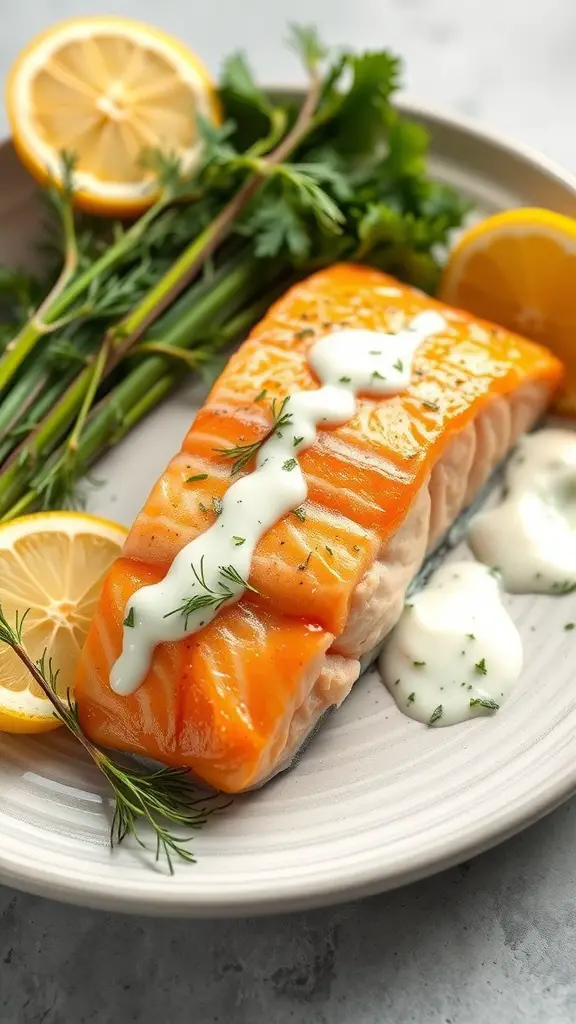 Baked salmon fillet with dill sauce, garnished with lemon slices and fresh herbs