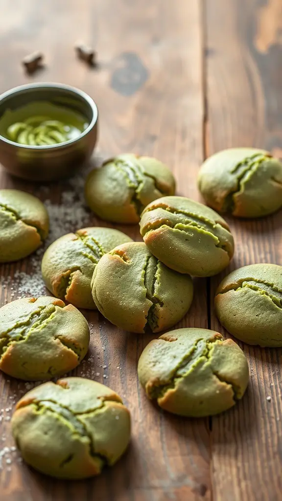 A plate of matcha green tea cookies on a wooden table, with a small bowl of matcha beside them.