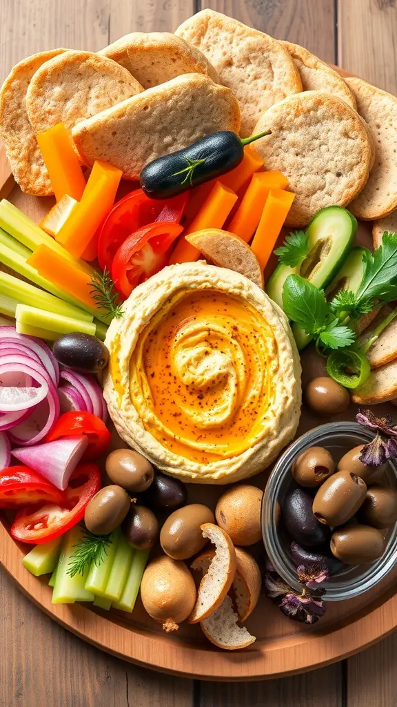 A Mediterranean hummus platter featuring hummus, assorted vegetables, olives, and pita chips.