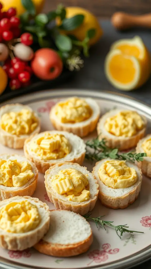 A platter of Easter Egg Salad Sandwiches with fresh herbs and colorful fruits.