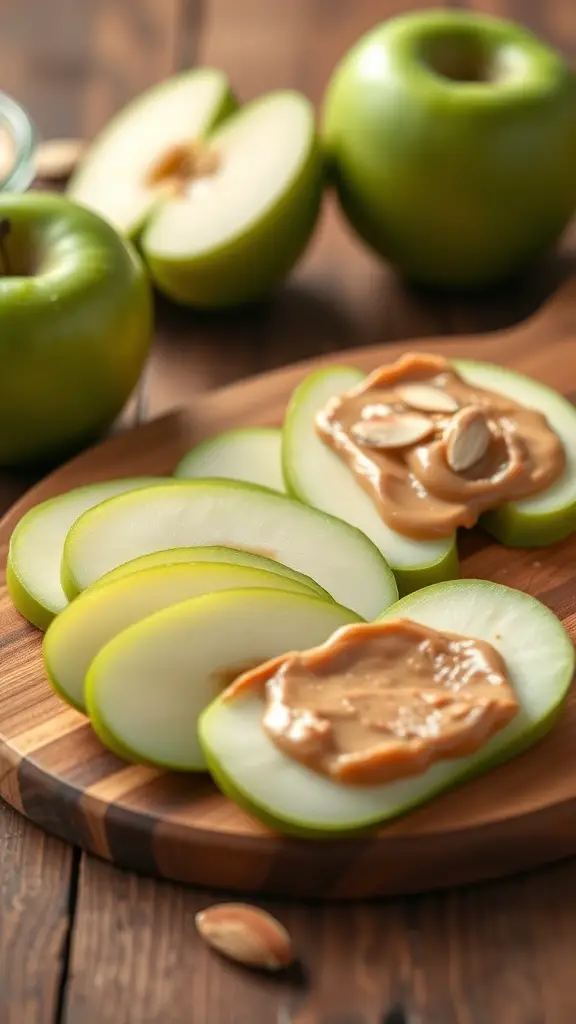 Sliced green apples with almond butter on a wooden board