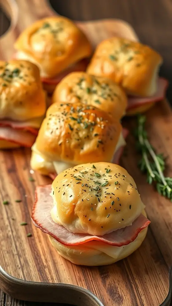 Baked ham and cheese sliders on a wooden board