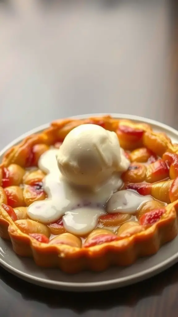 A slice of Tarte Tatin topped with vanilla ice cream on a plate.