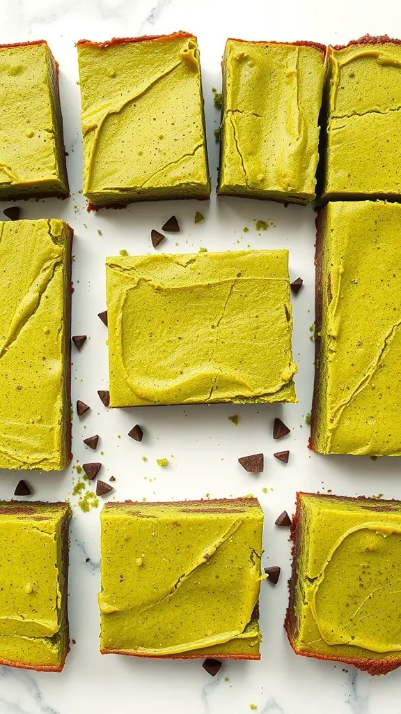 Delicious matcha green tea brownies with a creamy green frosting, arranged neatly on a white surface.