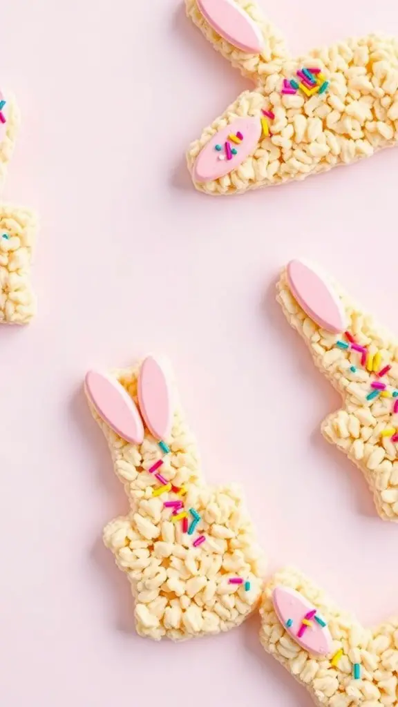 Bunny-shaped Rice Krispie treats decorated with pink candy ears and colorful sprinkles.