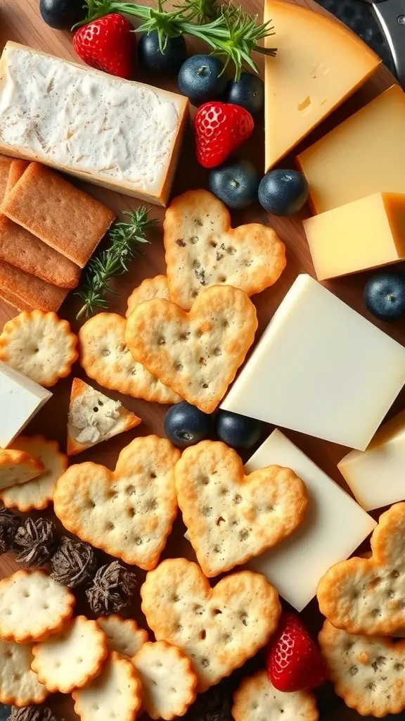 A variety of cheeses and heart-shaped crackers arranged on a wooden platter with fresh fruits.
