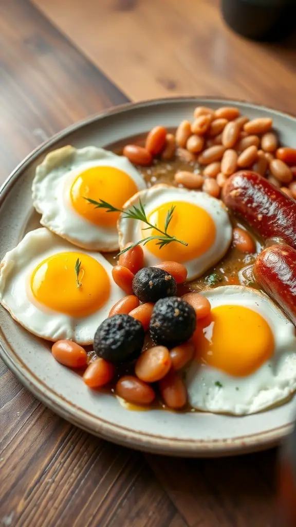 A delicious Irish breakfast platter featuring fried eggs, sausages, and baked beans.