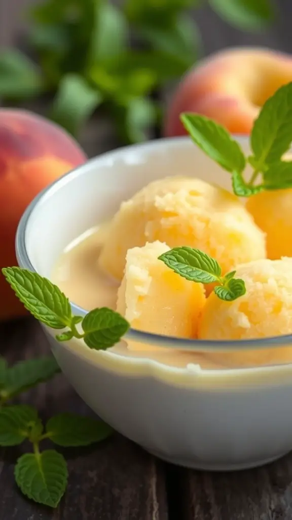 A bowl of peach sorbet garnished with mint leaves, surrounded by fresh peaches.