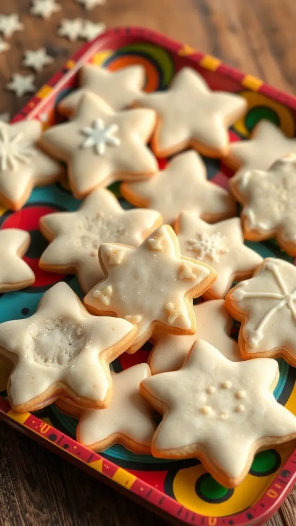 A colorful tray filled with star-shaped vanilla bean spritz cookies, some decorated with icing and others plain.