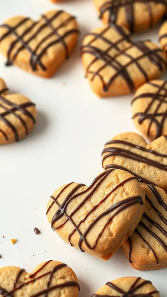 Heart-shaped peanut butter cookies drizzled with chocolate