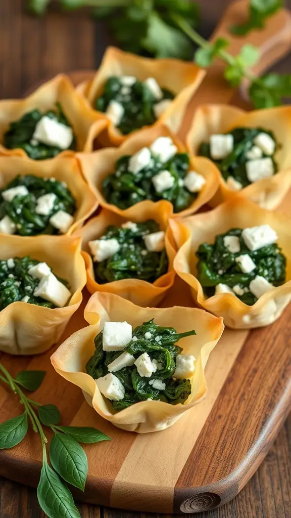Savory Spinach and Feta Phyllo Cups arranged on a wooden board
