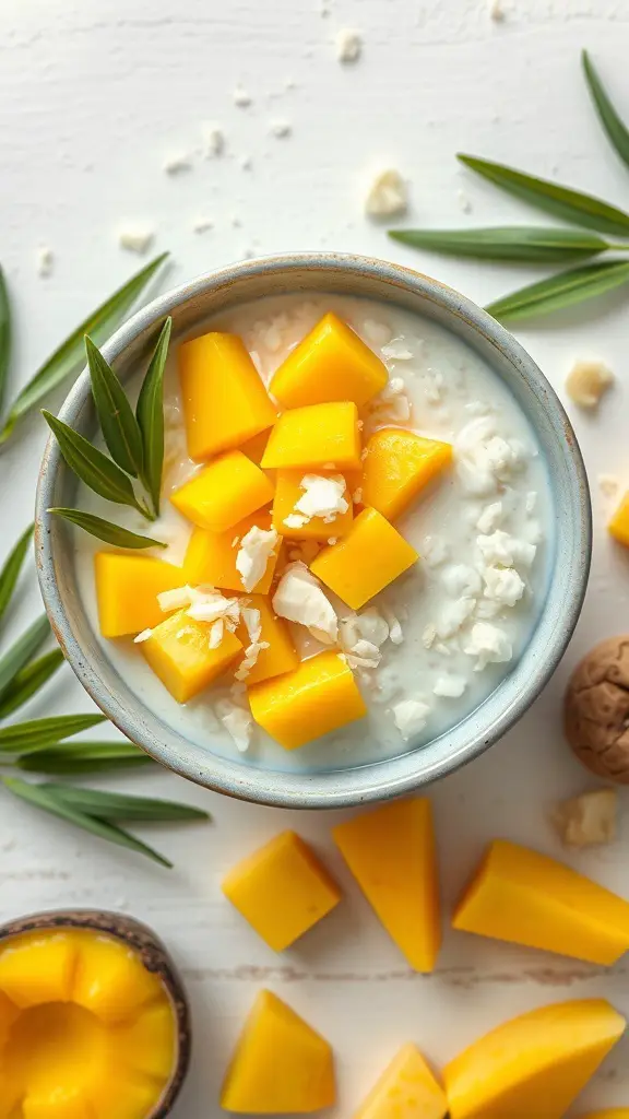 A bowl of coconut milk oatmeal topped with fresh mango cubes and shredded coconut, surrounded by mango slices and green leaves.