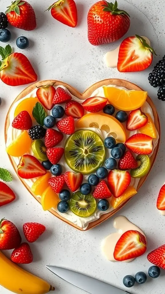 A heart-shaped fruit pizza topped with various fruits like strawberries, blueberries, and kiwi.