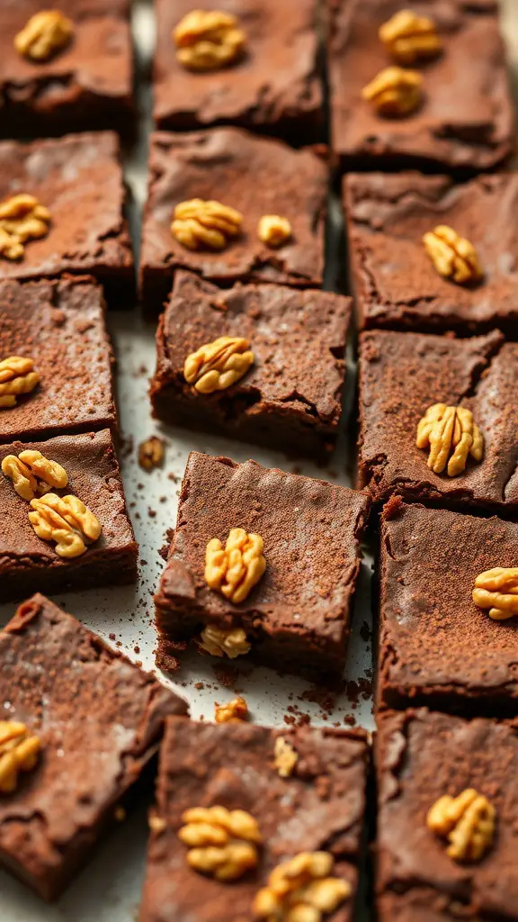 A close-up of zucchini brownies topped with walnuts, arranged neatly on a plate.