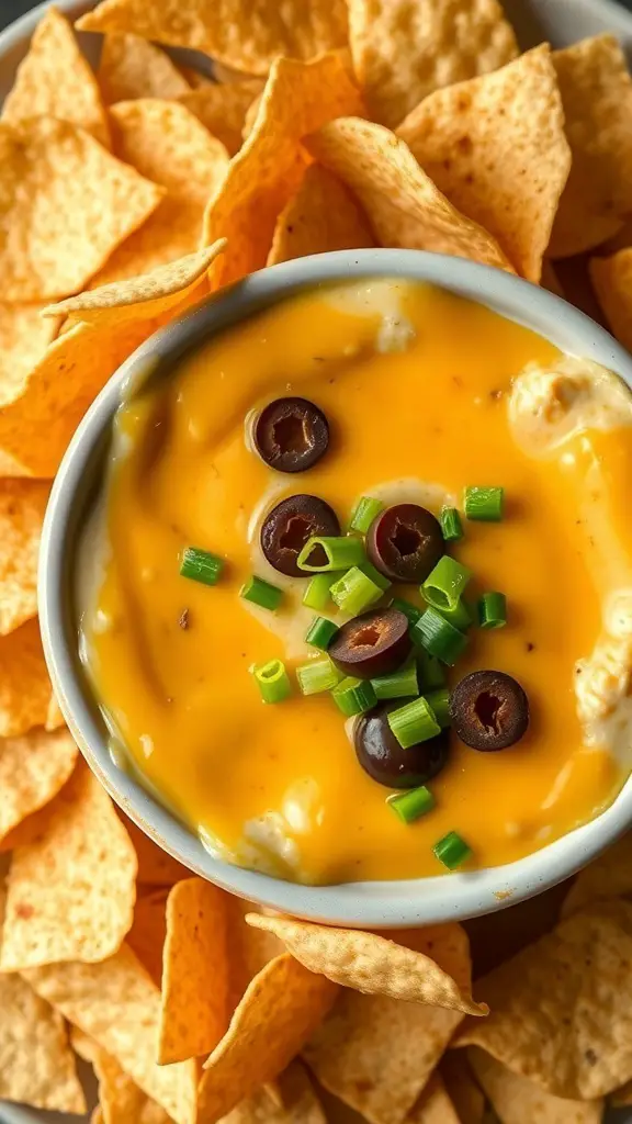 A bowl of loaded nacho cheese dip topped with olives and green onions, surrounded by tortilla chips.