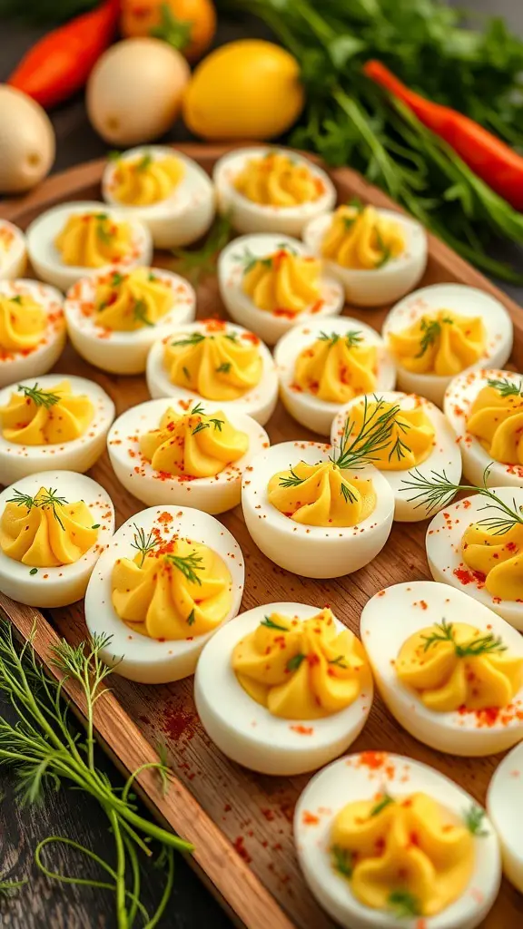 A platter of deviled eggs decorated with dill and paprika, surrounded by fresh ingredients.
