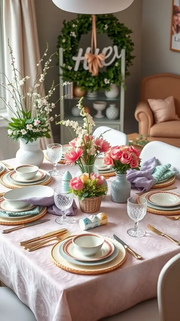 A beautifully set Easter table with flowers, colorful plates, and decorative elements.