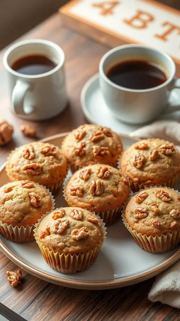 A plate of zucchini bread muffins with walnuts, accompanied by two cups of coffee.