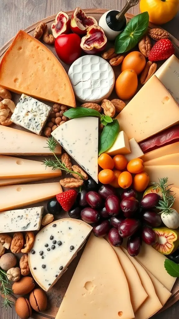 A beautifully arranged cheese and charcuterie board featuring various cheeses, nuts, fruits, and garnishes.