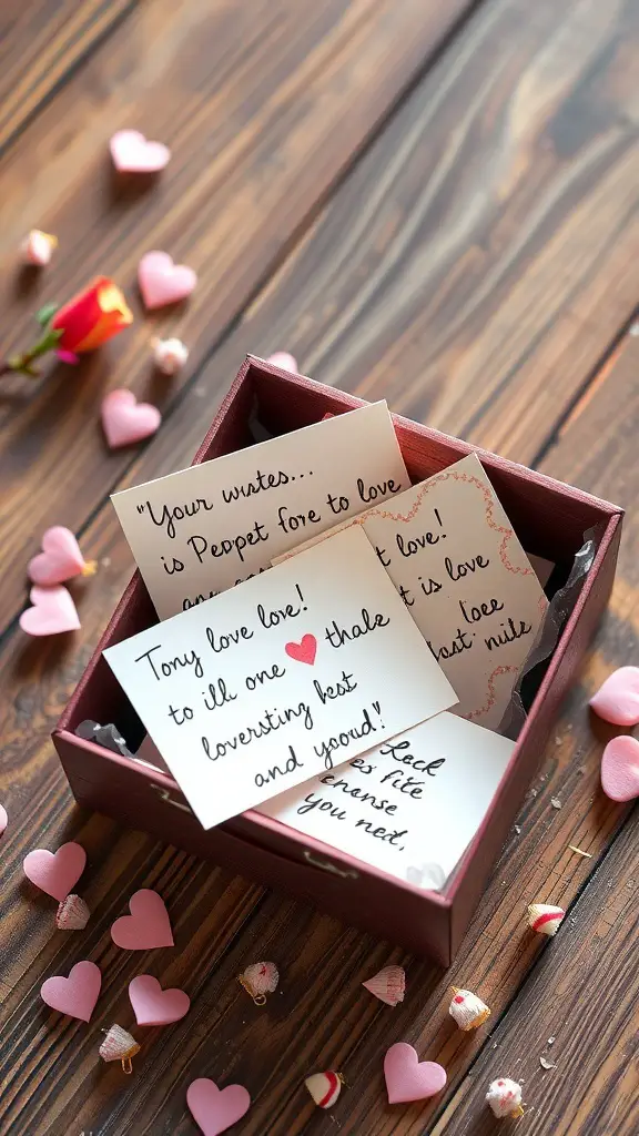 A box filled with personalized love notes and small heart decorations.