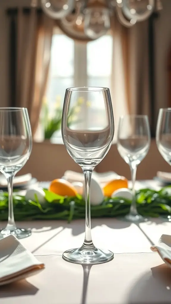 A beautifully set Easter table featuring elegant glassware and decorative elements.
