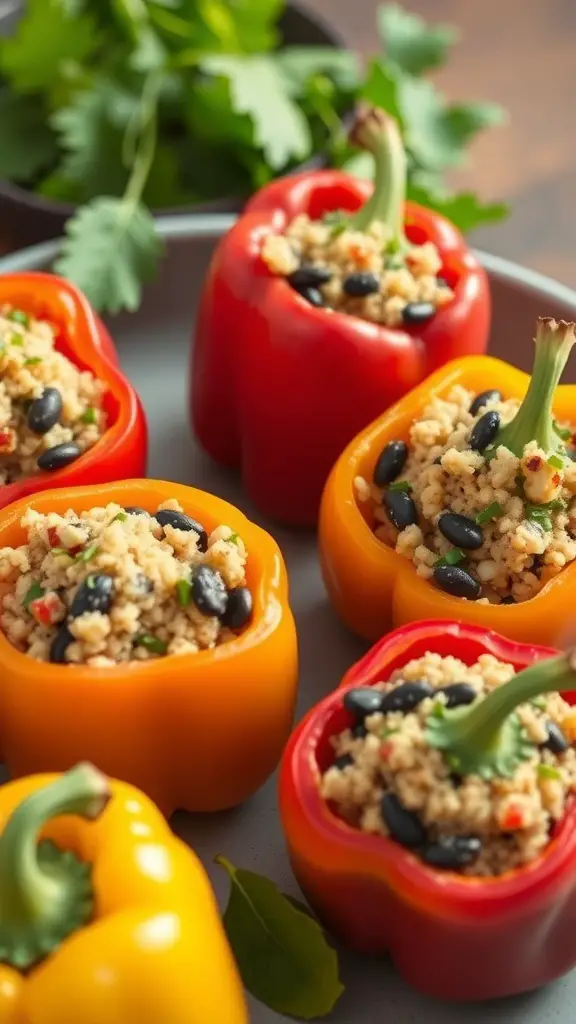 Colorful stuffed bell peppers filled with quinoa and black beans, garnished with fresh herbs.