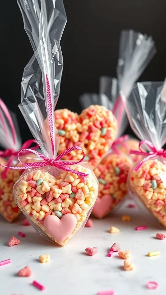 Heart-shaped Rice Krispie Treats in clear bags with pink ribbons