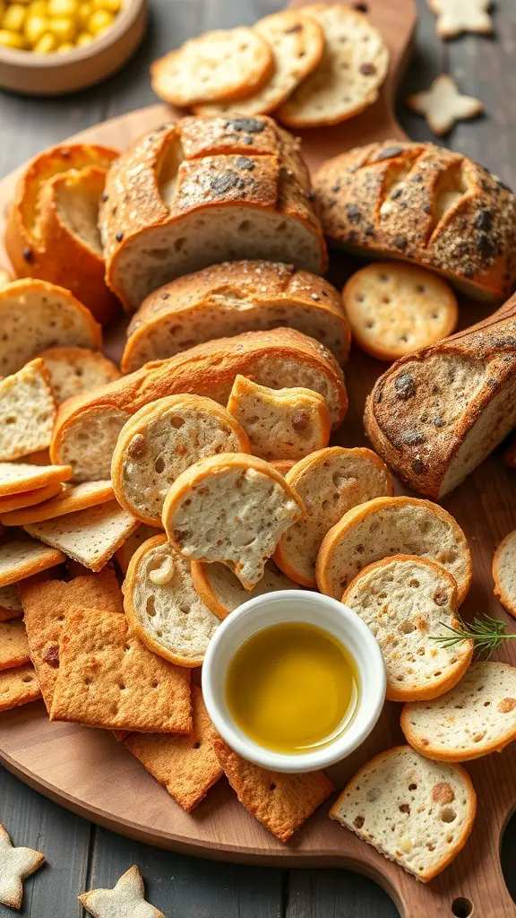 A variety of artisan breads and crackers arranged on a wooden board with a bowl of olive oil.