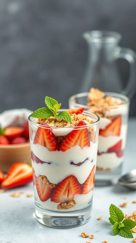 A delicious fruit and yogurt parfait with layers of yogurt, strawberries, and granola, garnished with mint.