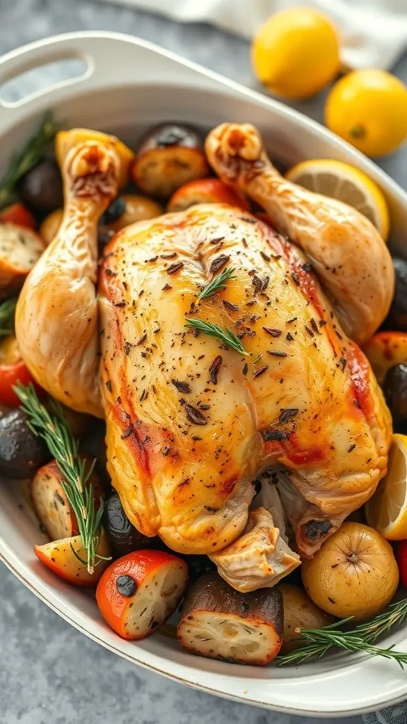 A beautifully roasted lemon garlic chicken surrounded by colorful vegetables