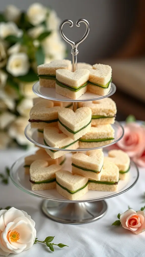 A tiered stand displaying heart-shaped cucumber sandwiches, surrounded by flowers.