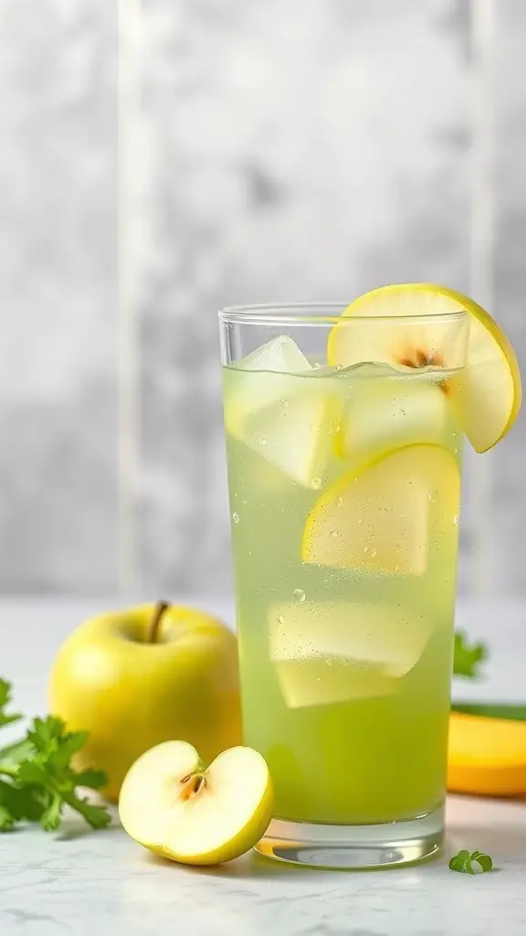 A refreshing glass of green apple and celery juice with ice, surrounded by fresh green apples and celery.