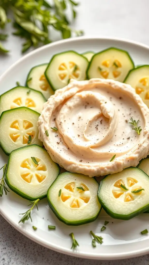 A plate of cucumber slices arranged around a mound of hummus, garnished with herbs.