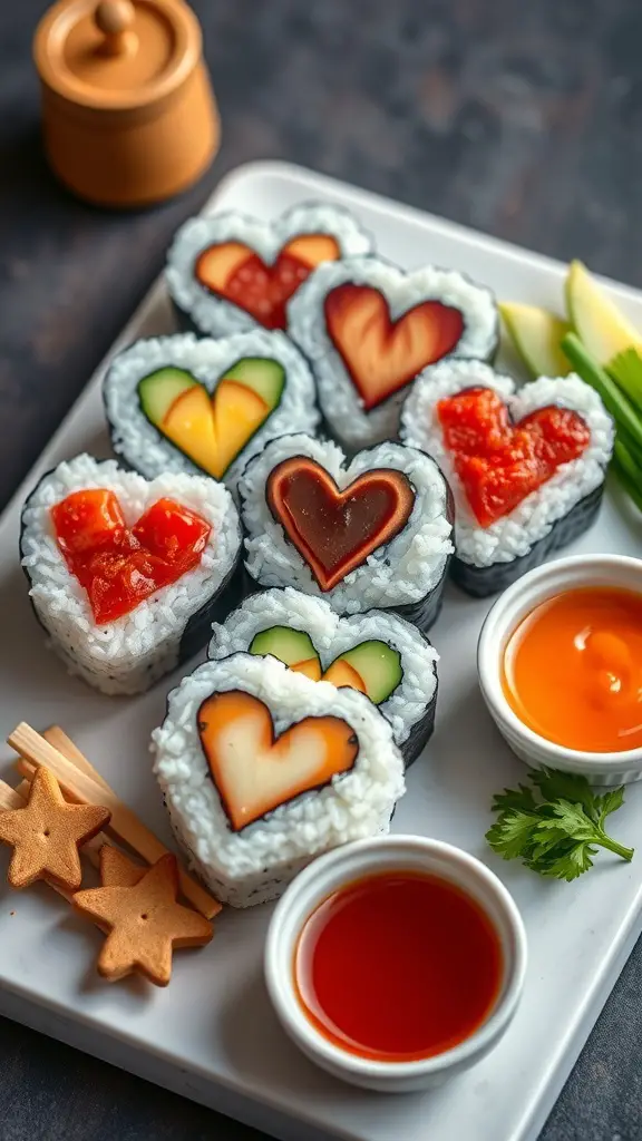 A plate of heart-shaped sushi rolls with various fillings and dipping sauces.