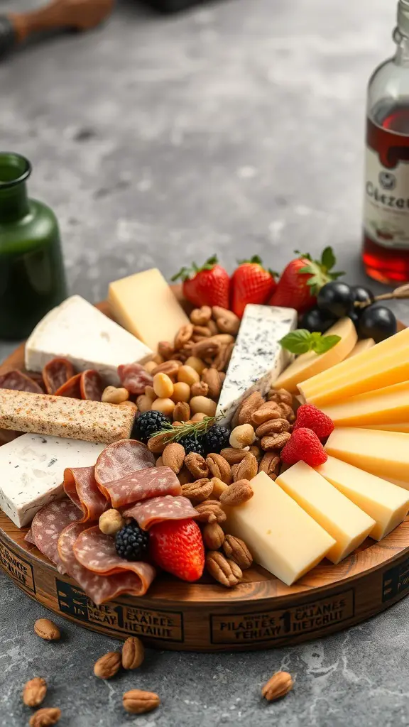 A beautifully arranged cheese and charcuterie board featuring various cheeses, cured meats, nuts, and fresh fruits.