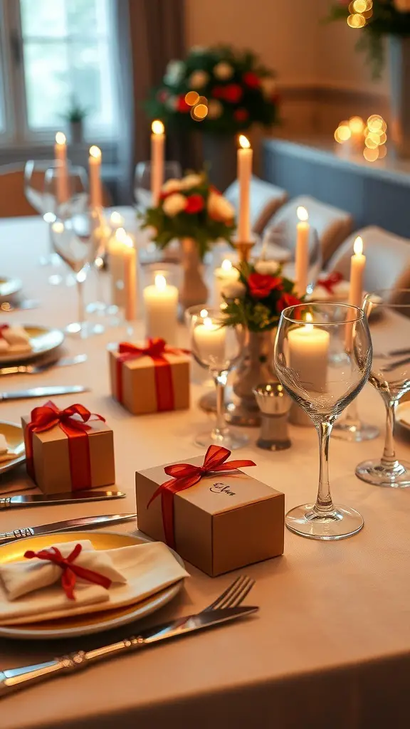 A beautifully set Easter dinner table with personalized gift boxes for each guest.