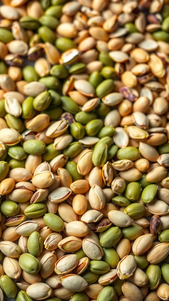 A variety of nuts and seeds including pistachios and pumpkin seeds