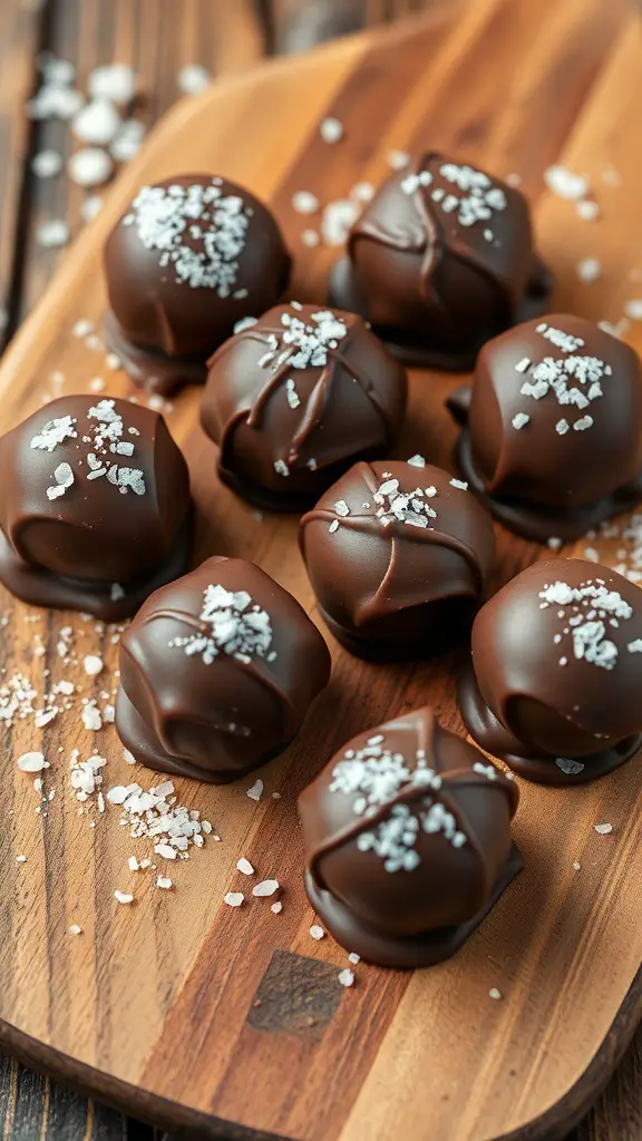 A wooden platter with chocolate truffles topped with sea salt.