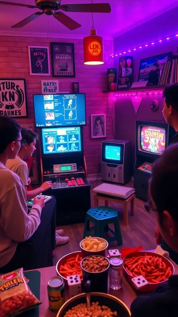 A cozy retro gaming setup with friends enjoying snacks and classic games.