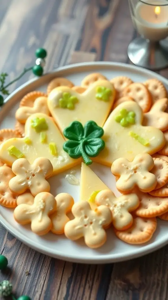 A platter of cheese shaped like shamrocks and flowers, surrounded by crackers, perfect for St. Patrick's Day.