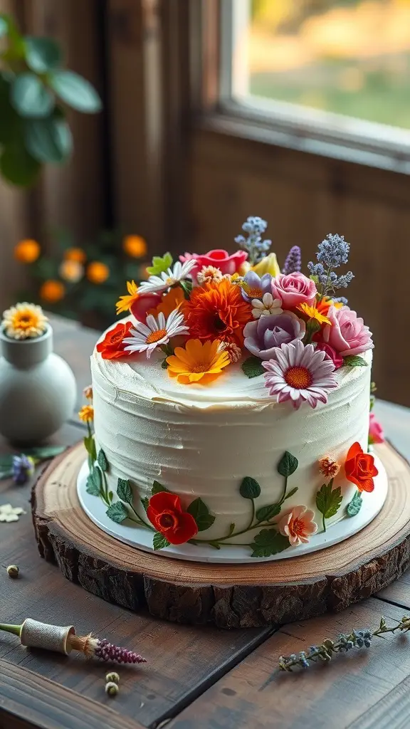 A beautifully decorated floral buttercream garden cake with colorful flowers on top, placed on a wooden table.