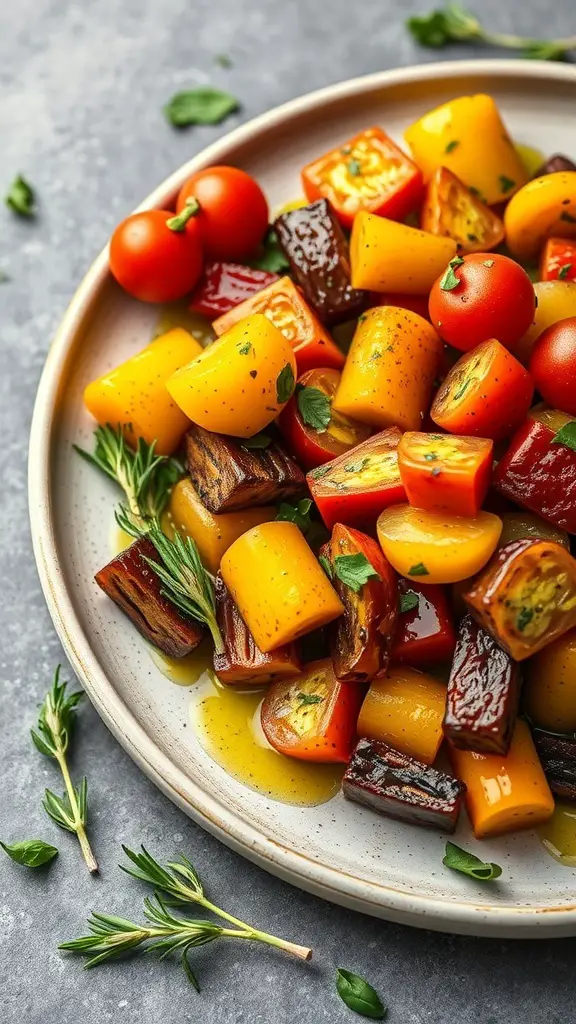 A plate of colorful ratatouille with eggplant, bell peppers, and cherry tomatoes garnished with fresh herbs.