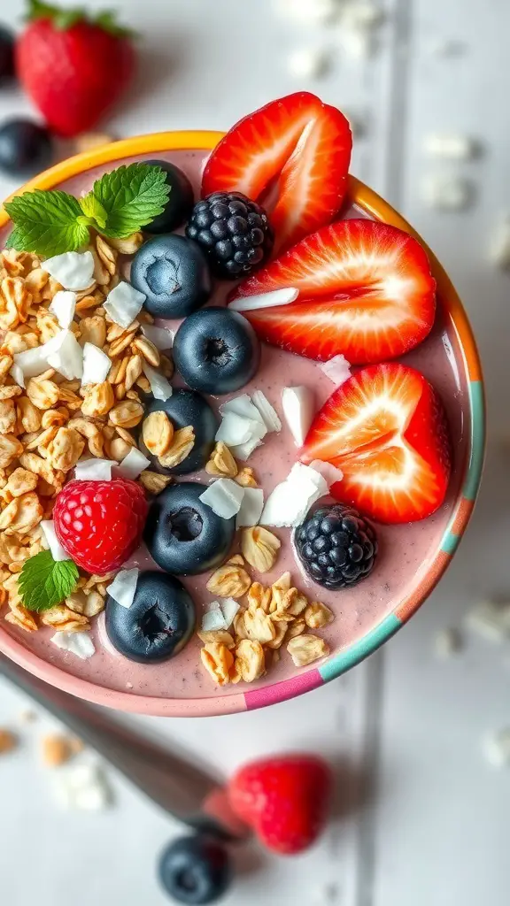 A colorful smoothie bowl topped with fresh berries, granola, and mint leaves.