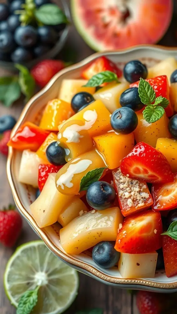 A colorful fruit salad with strawberries, blueberries, and mango, drizzled with honey lime dressing.