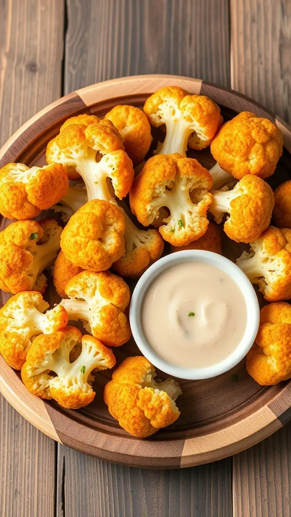 A plate of cheesy cauliflower bites with a dipping sauce