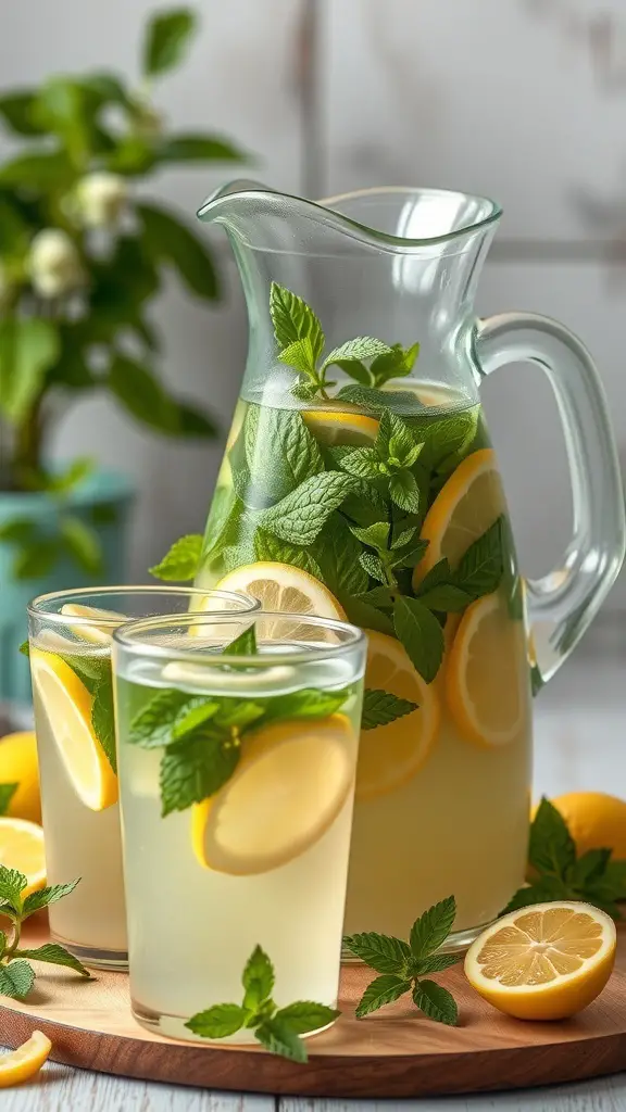 A pitcher of homemade lemonade with fresh mint and lemon slices, served with two glasses on a wooden tray.