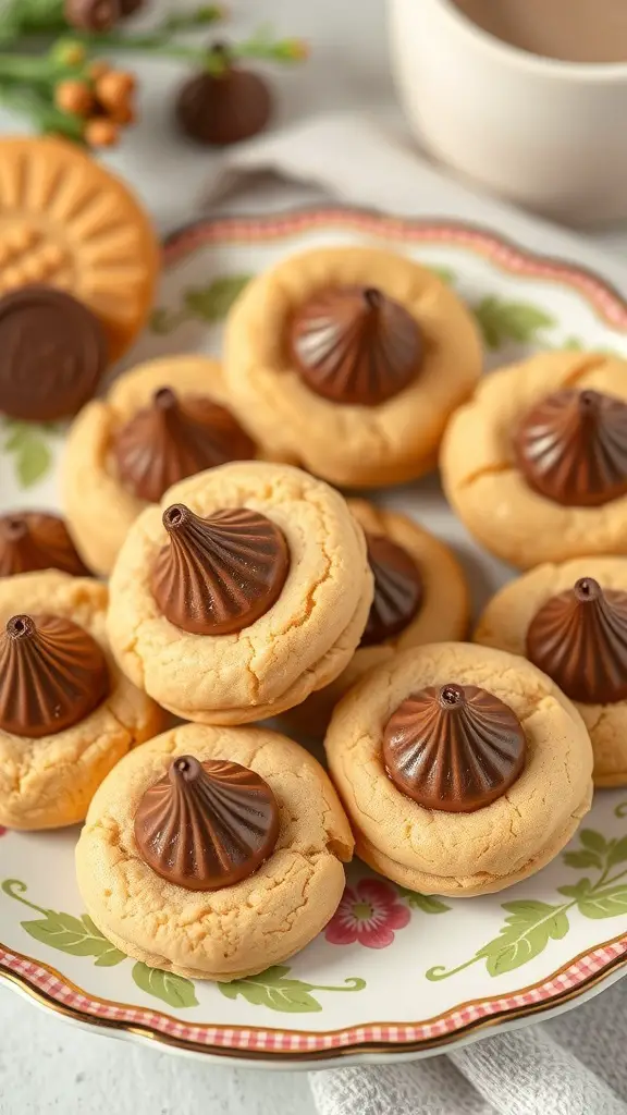 A plate of Peanut Butter Blossom Cookies topped with chocolate kisses.
